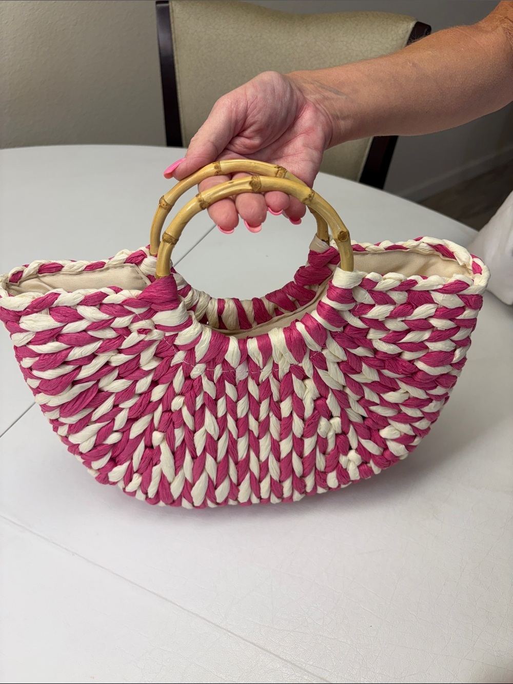 Woven Pink and Cream Bamboo-Handle Tote